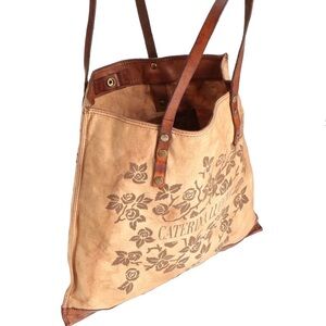 CATERINA LUCCHI Leather Canvas Tote Bag - Logo & Floral Design - NEW